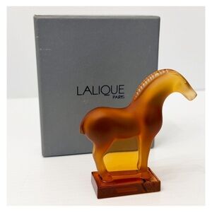 LALIQUE FRANCE AMBER CRYSTAL TANG HORSE PAPERWEIGHT SIGNED Original Box